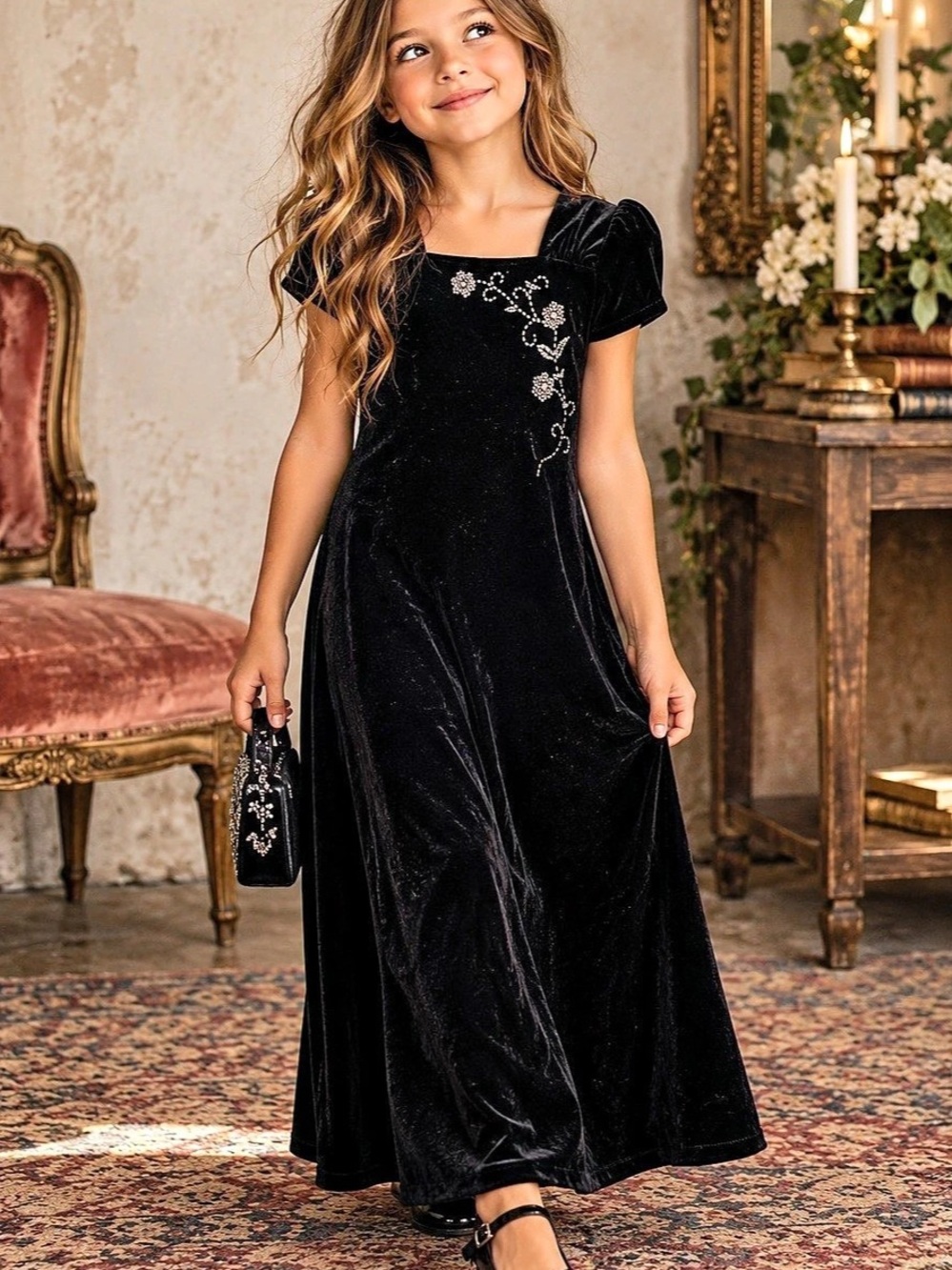 New Moves Vintage 90s Y2K Girls 8 Black Velvet Floral Rhinestone Maxi Dress